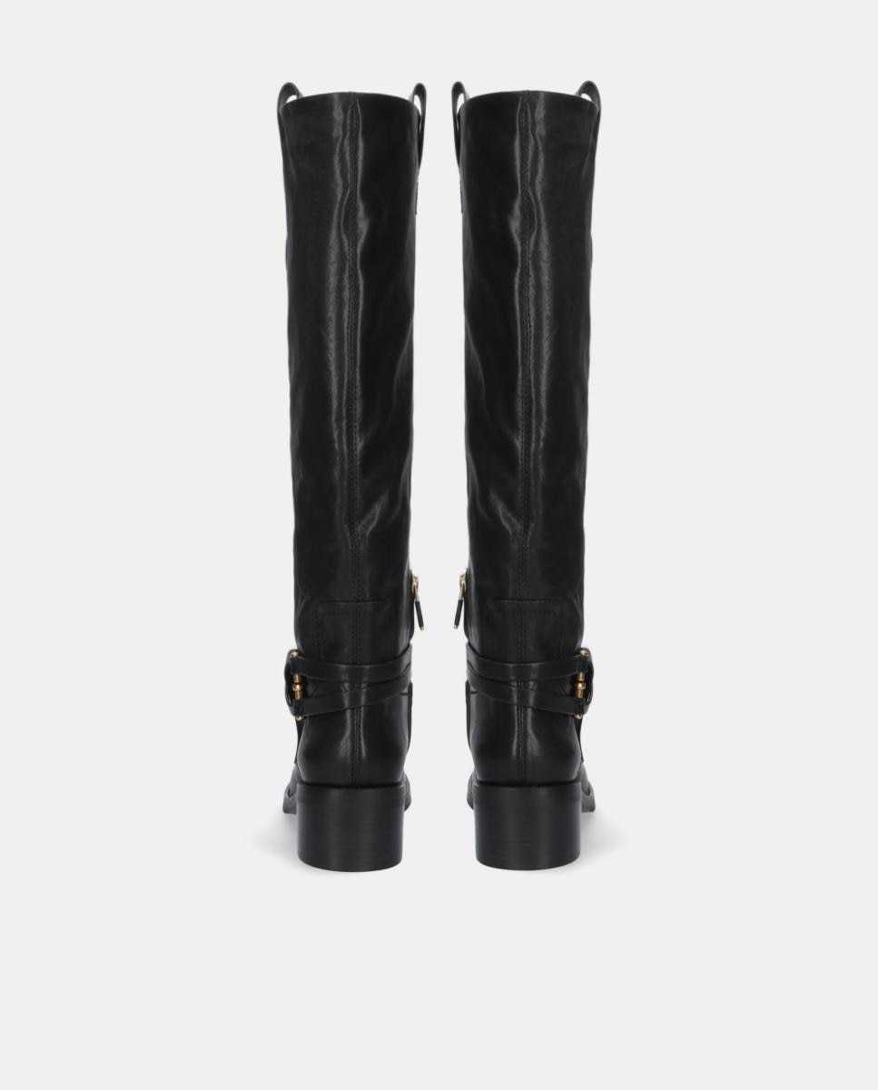 Botas em Pele com Adorno de Fivela e Salto de Bloco Preto-4