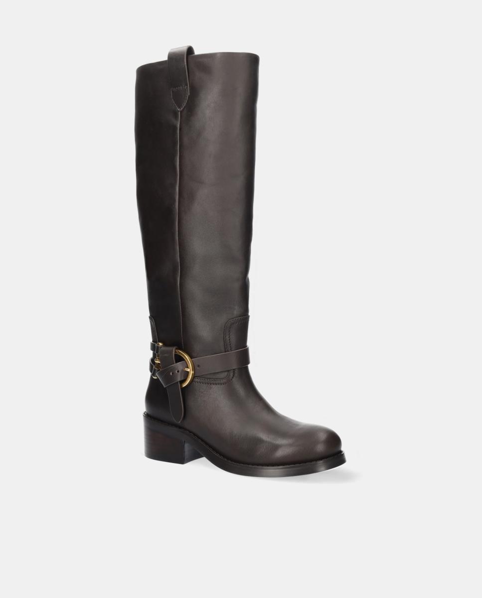 Botas em Pele com Adorno de Fivela e Salto de Bloco Castanho-chocolate-2