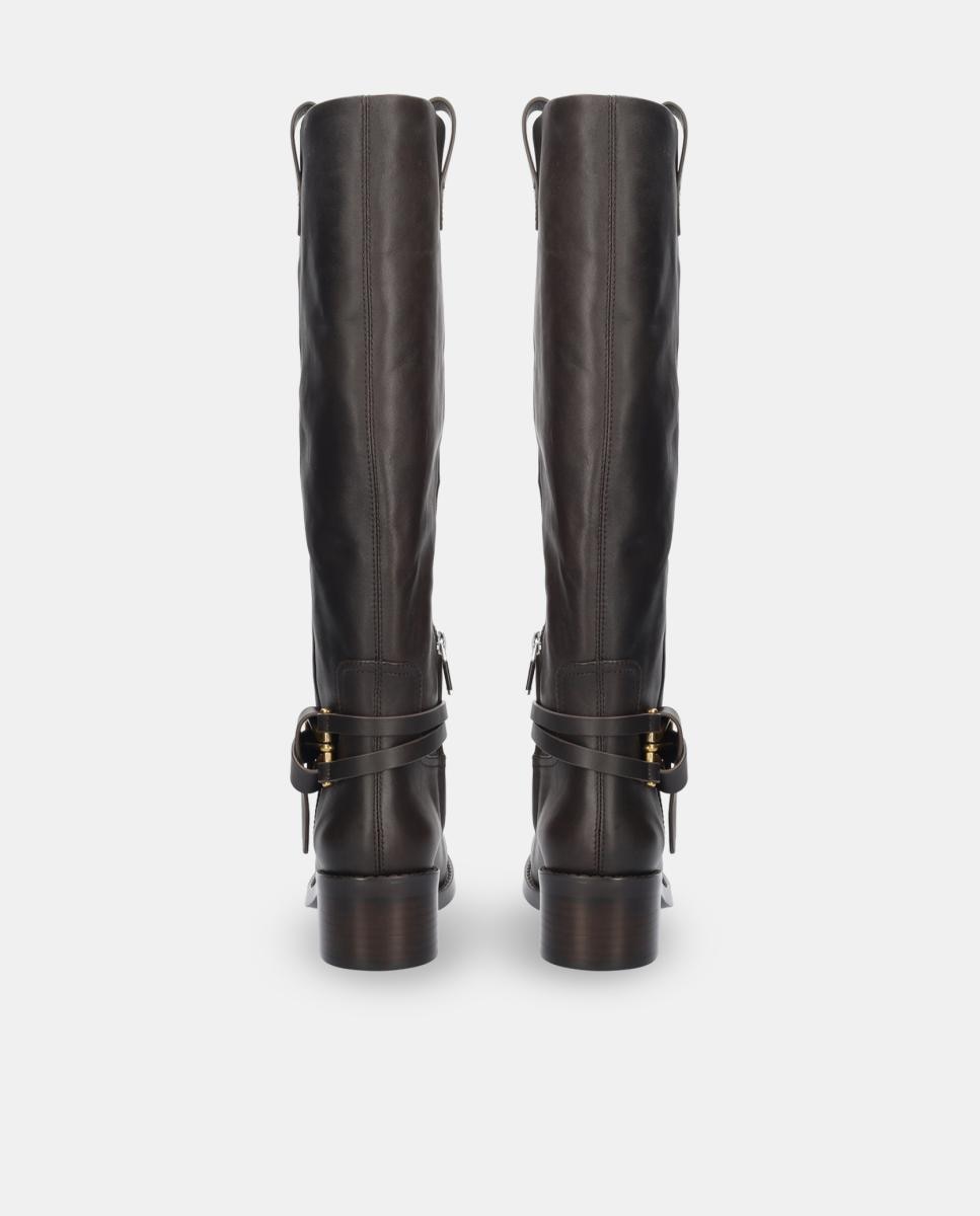 Botas em Pele com Adorno de Fivela e Salto de Bloco Castanho-chocolate-4