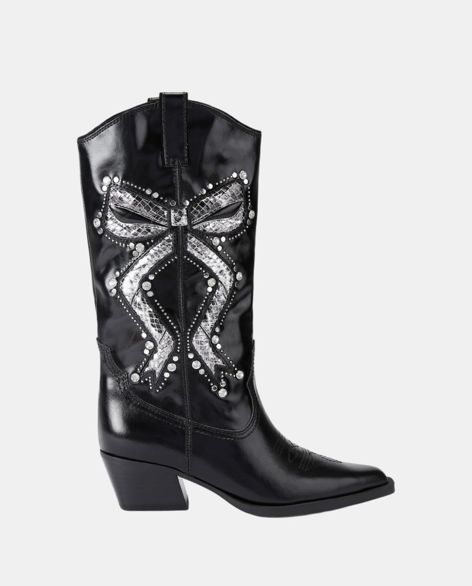 Imagen 1 de Bota cowboy alta de mujer en piel negra efecto reptil y detalles metálicos Negro
