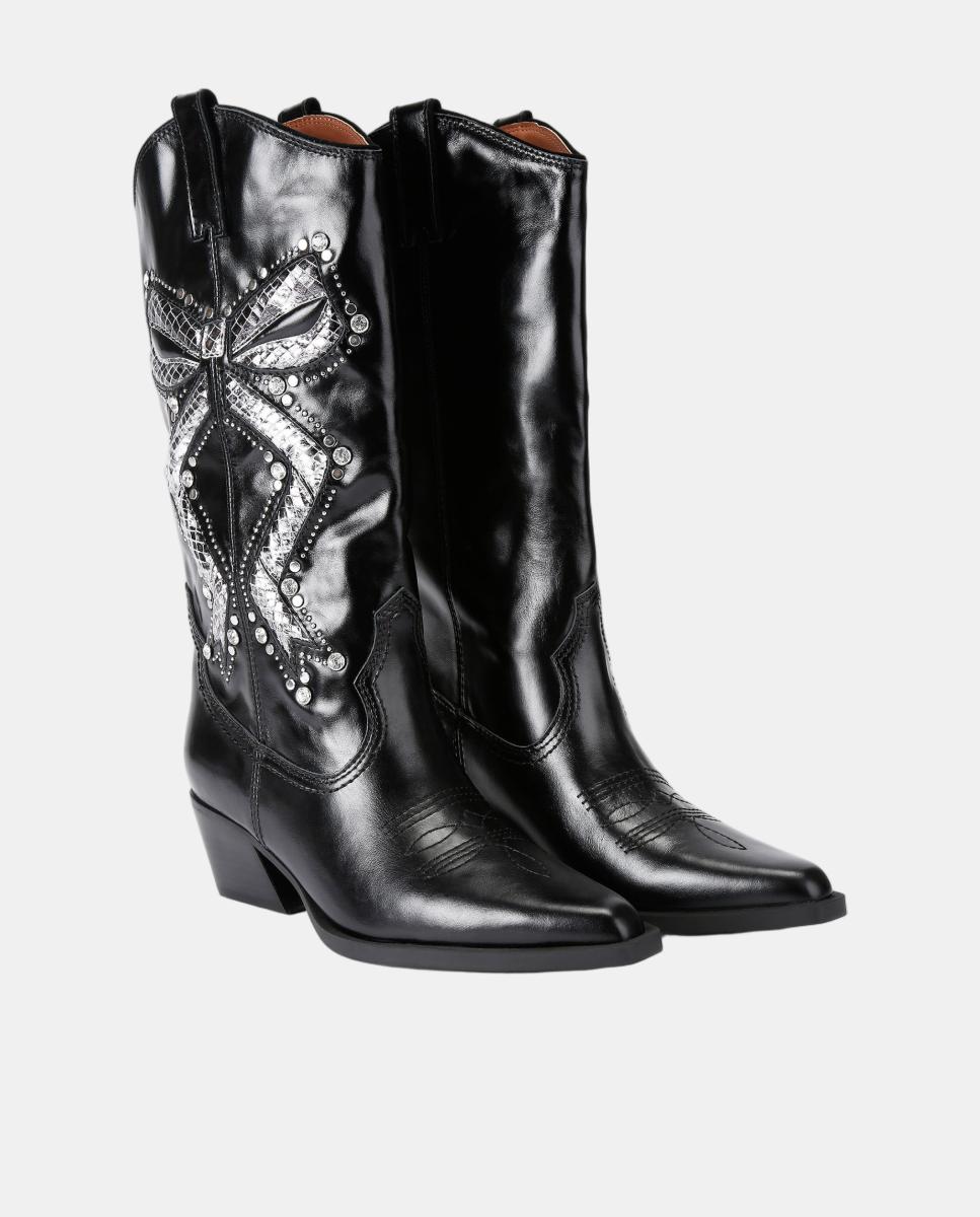 Imagen 2 de Bota cowboy alta de mujer en piel negra efecto reptil y detalles metálicos - Kurt Geiger - Negro Negro