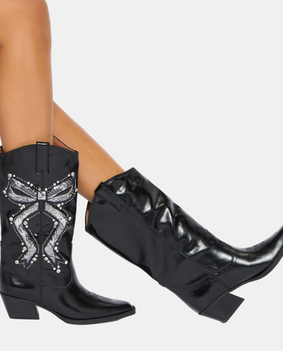 Imagen 5 de Bota cowboy alta de mujer en piel negra efecto reptil y detalles metálicos - Kurt Geiger - Negro Negro