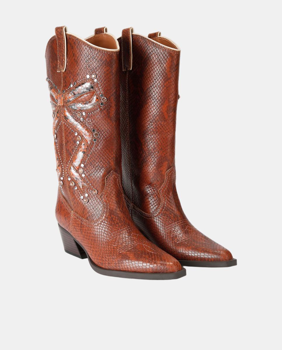 Imagen 2 de Bota cowboy alta de mujer en piel marrón efecto reptil y detalles metálicos - Kurt Geiger - Marrón oscuro Marrón oscuro