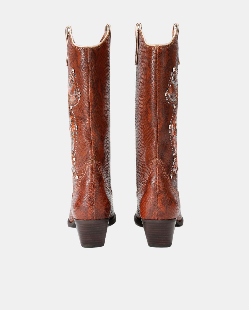 Imagen 3 de Bota cowboy alta de mujer en piel marrón efecto reptil y detalles metálicos - Kurt Geiger - Marrón oscuro Marrón oscuro