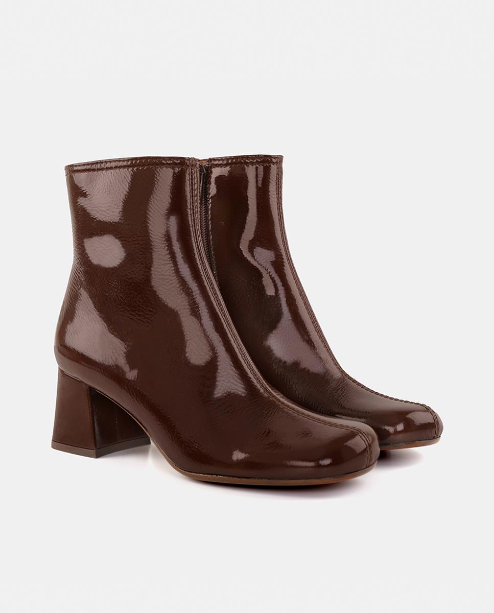 Botas de Mulher em Pele de Cano Baixo com Salto e Fecho de correr Castanho-chocolate-2