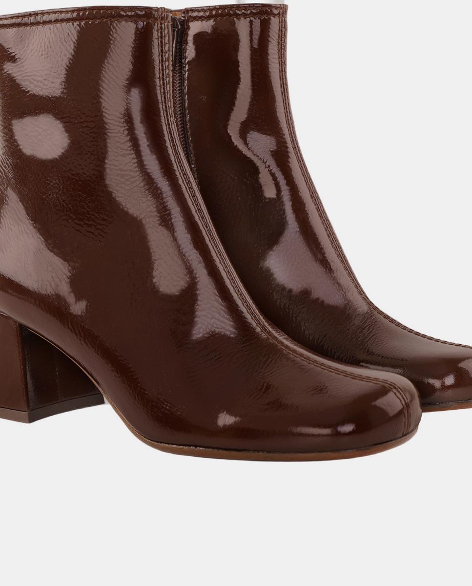 Botas de Mulher em Pele de Cano Baixo com Salto e Fecho de correr Castanho-chocolate-5