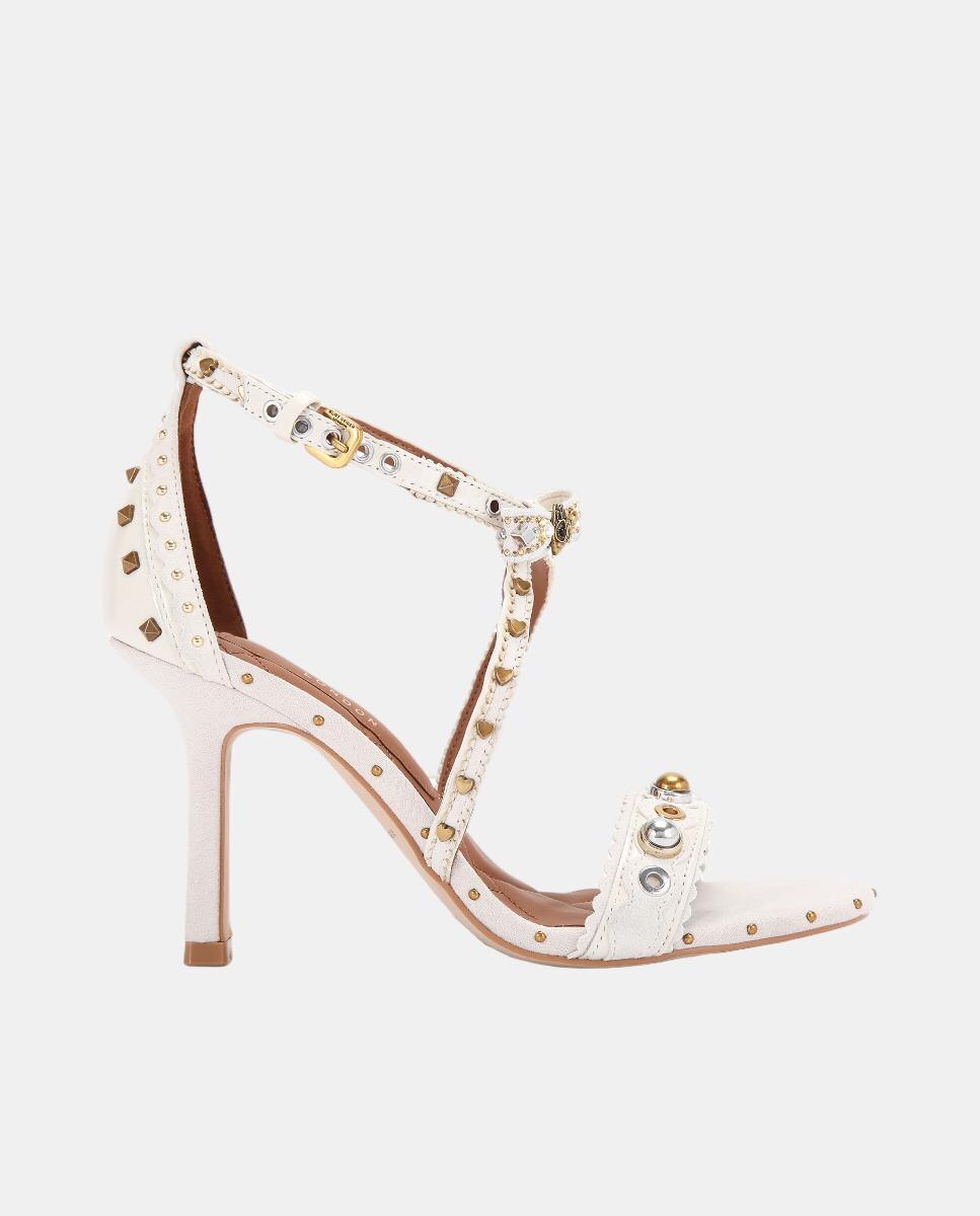 Sandálias Mini Bow Eyelet em Pele com Salto e Adornos de Tachas Branco Osso-1