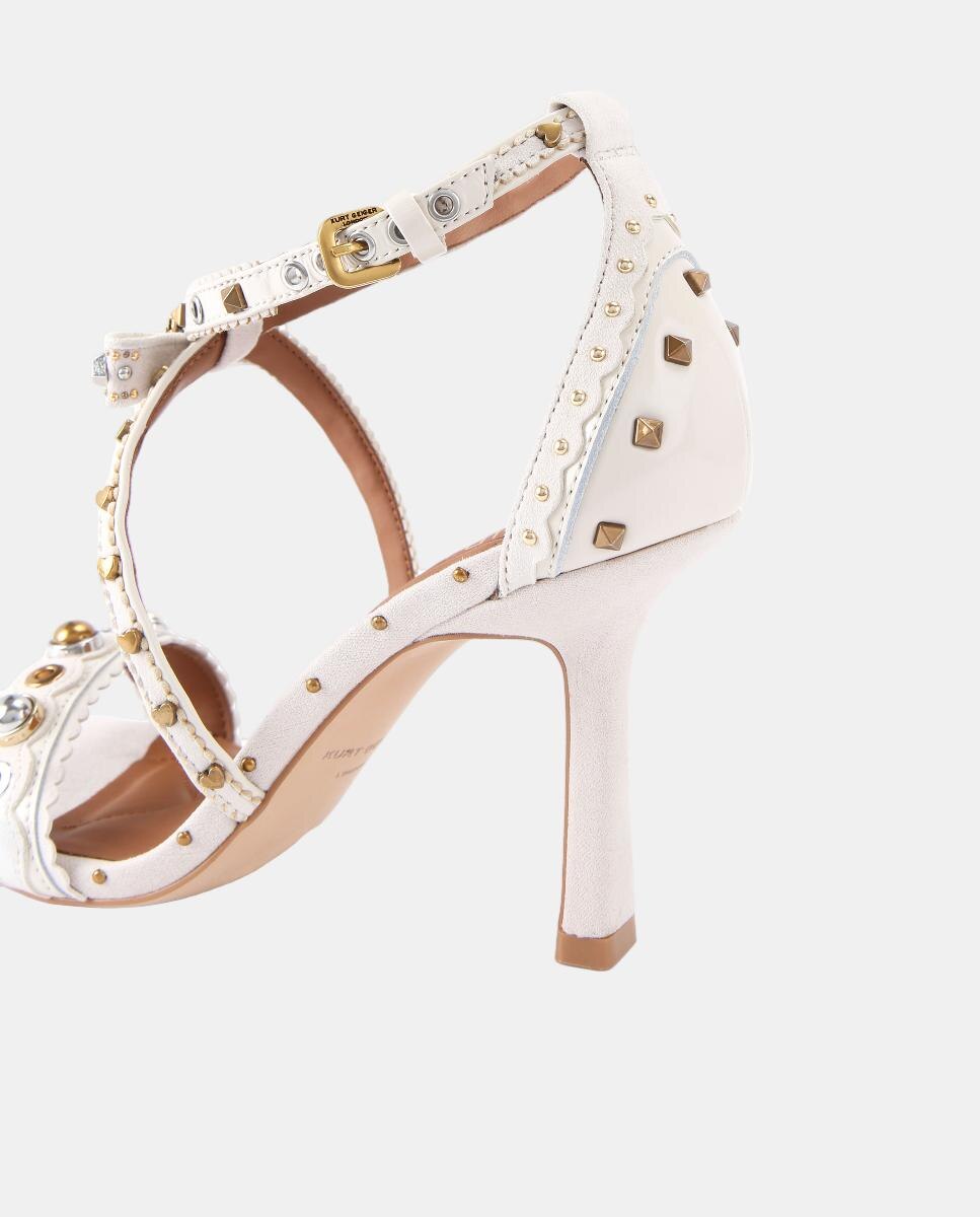 Sandálias Mini Bow Eyelet em Pele com Salto e Adornos de Tachas Branco Osso-3