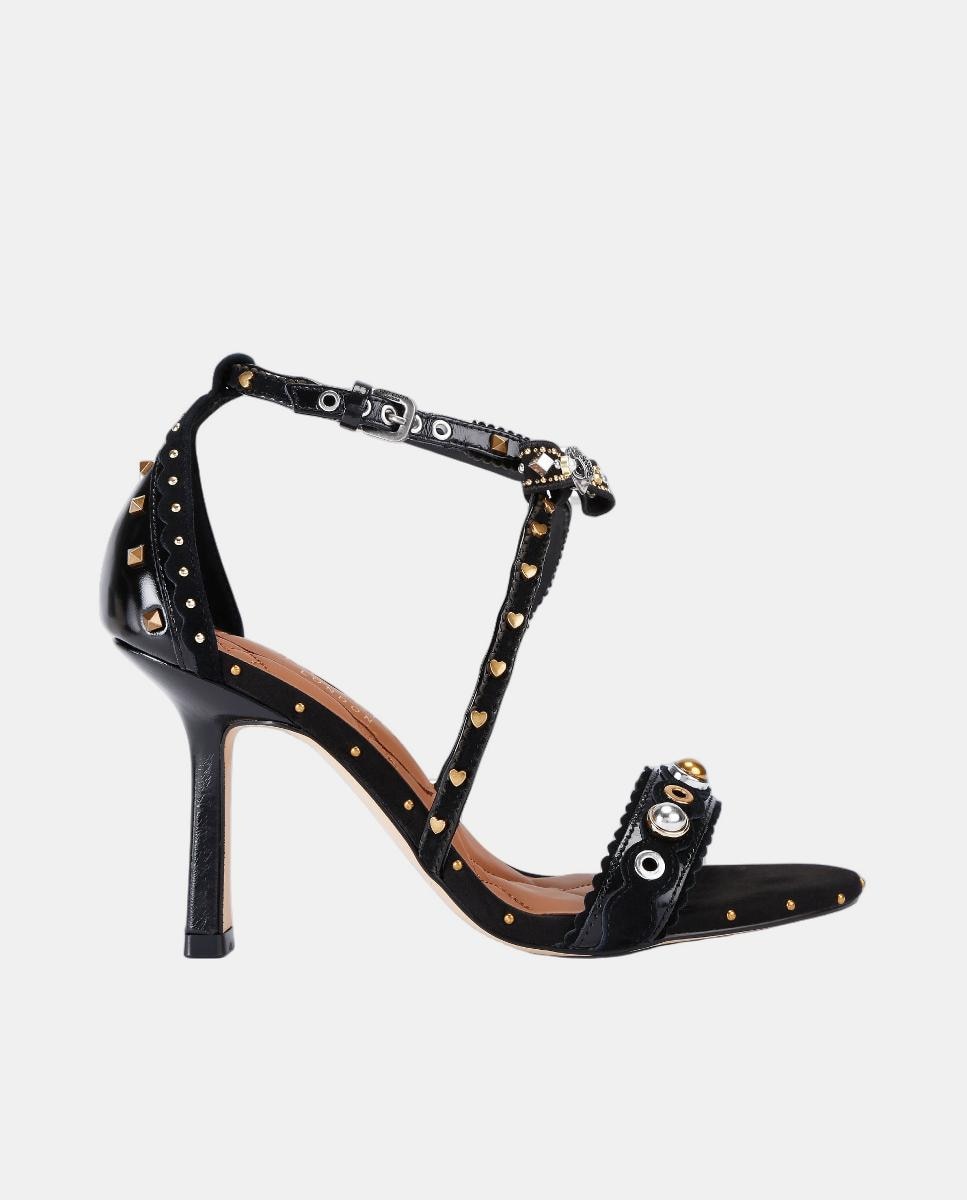Sandálias Mini Bow Eyelet em Pele com Salto e Adornos de Tachas Preto-1