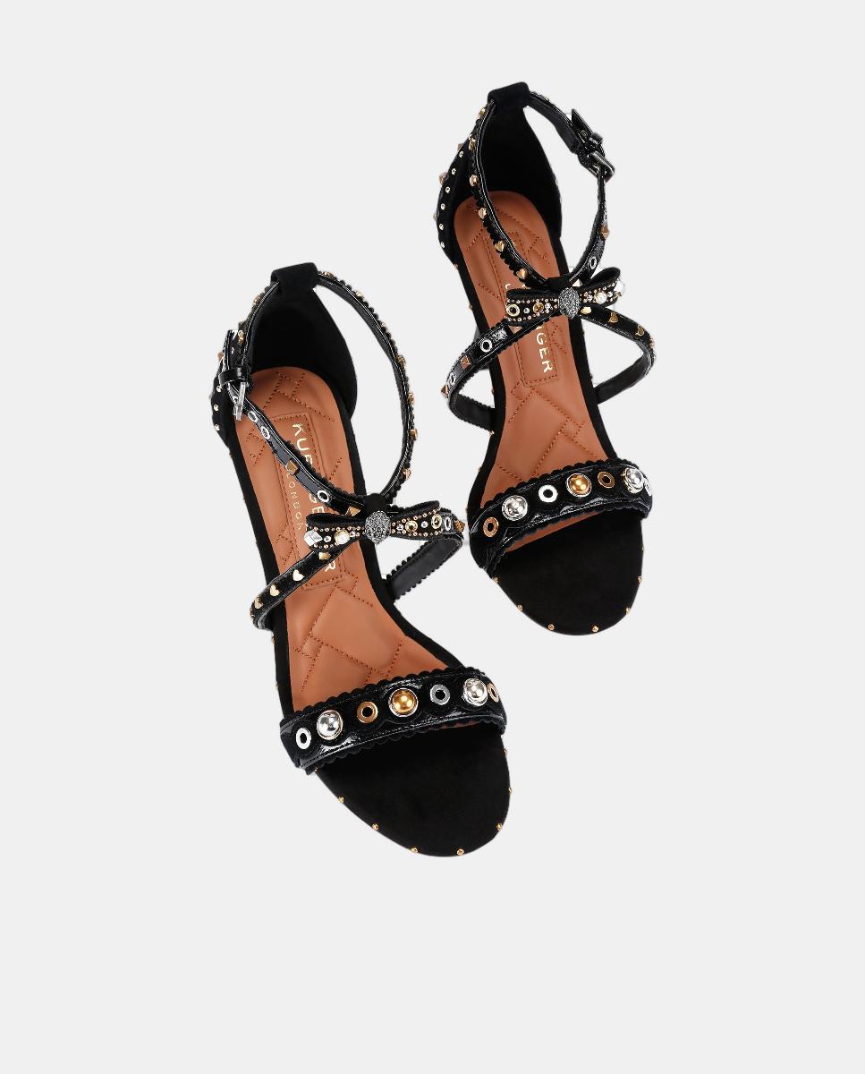 Sandálias Mini Bow Eyelet em Pele com Salto e Adornos de Tachas Preto-2