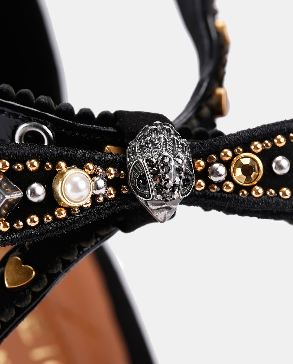 Sandálias Mini Bow Eyelet em Pele com Salto e Adornos de Tachas Preto-5