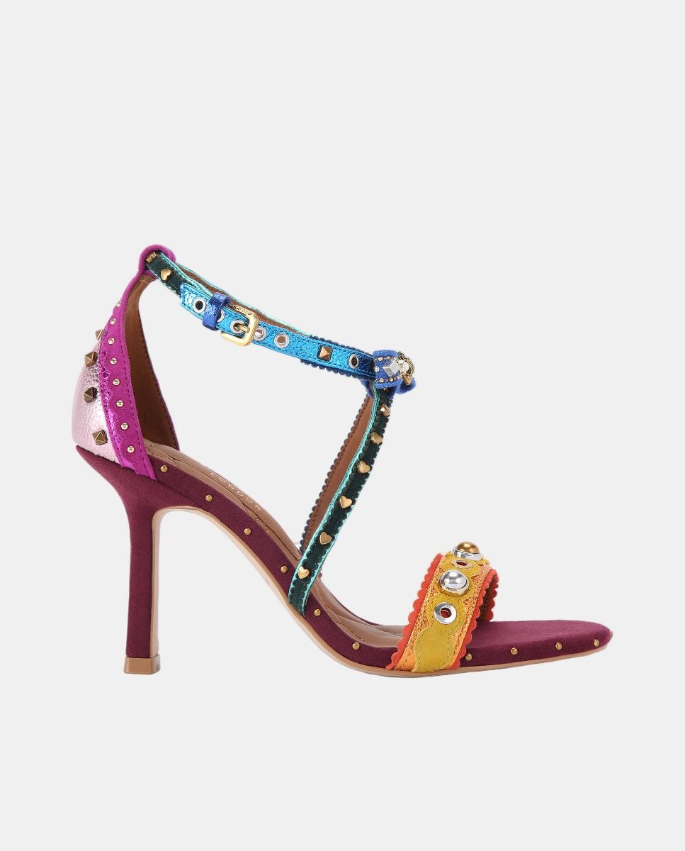 Sandálias Mini Bow Eyelet em Pele com Salto e Adornos de Tachas Multicolor-1