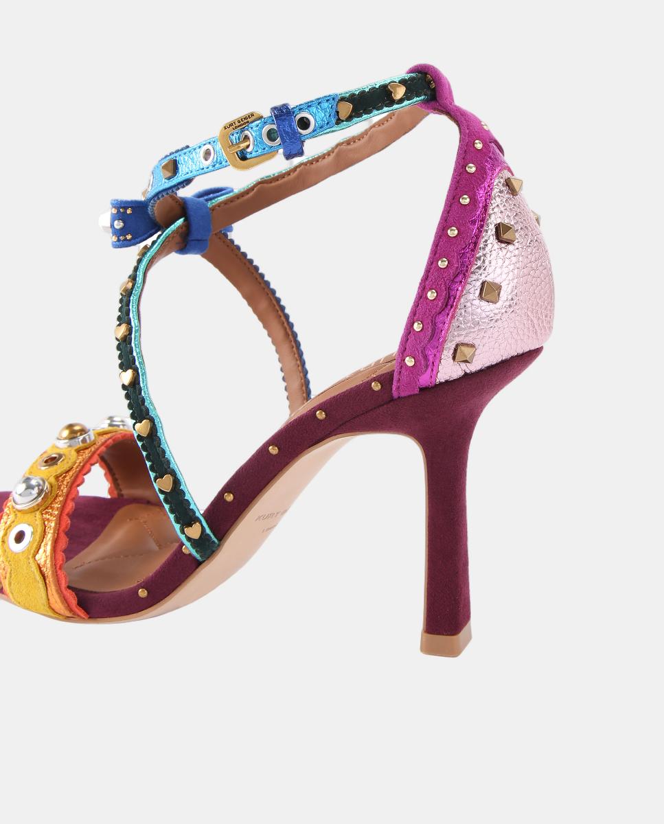 Sandálias Mini Bow Eyelet em Pele com Salto e Adornos de Tachas Multicolor-3