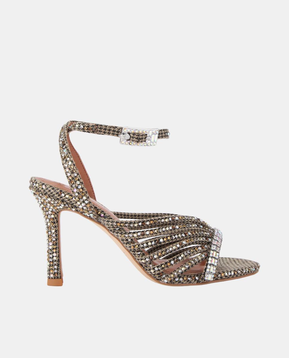 Imagen 1 de Sandalia de tacón de mujer en beige con pedrería y hebilla joya Beige
