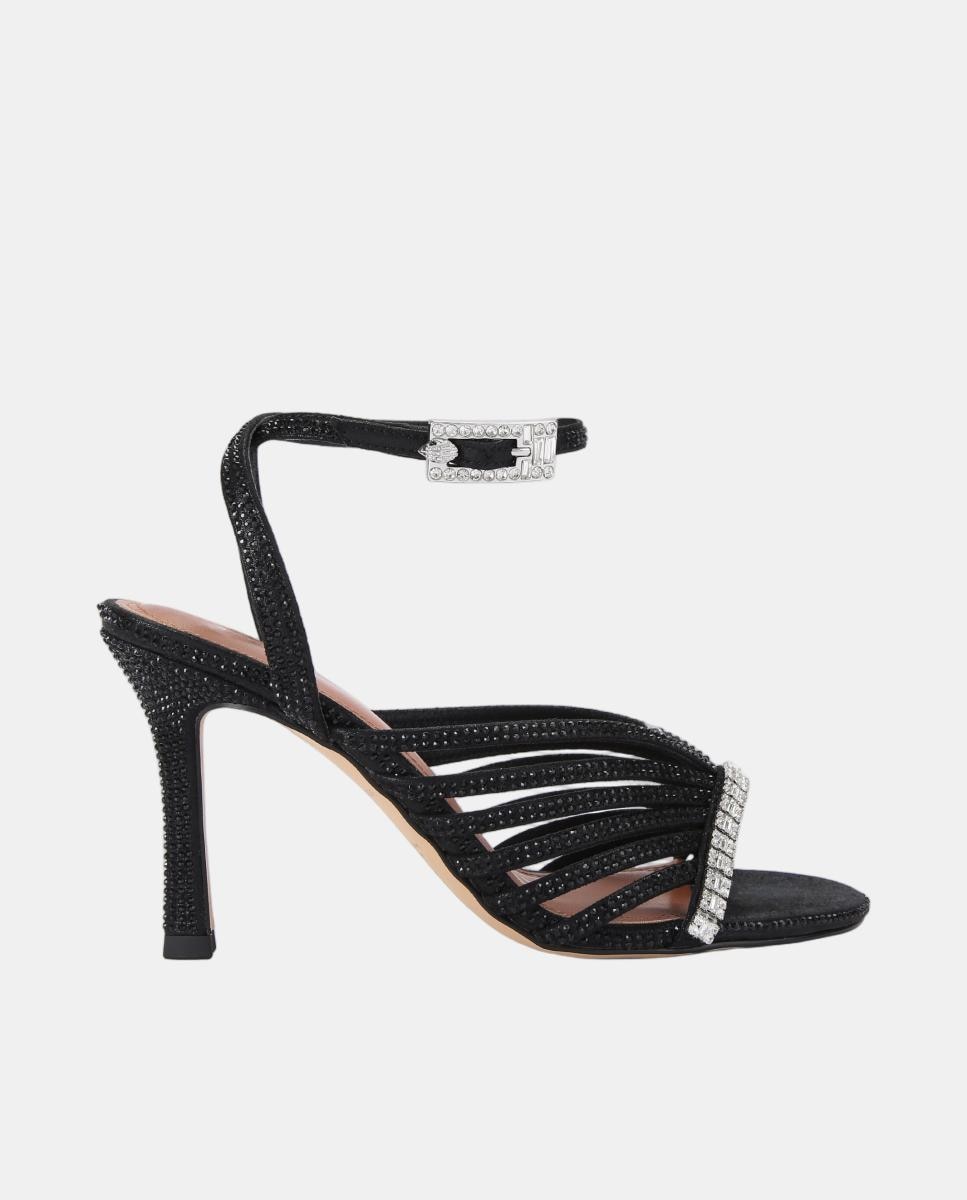 Sandalia de tacón de mujer en negro con pedrería y hebilla joya - Kurt Geiger - Negro mate Negro mate-1