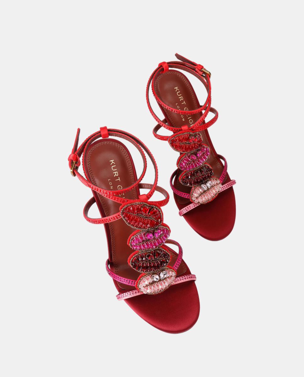 Sandálias de Salto Fino com Fivela e Pedraria Multicolor - Vermelho Vermelho-2