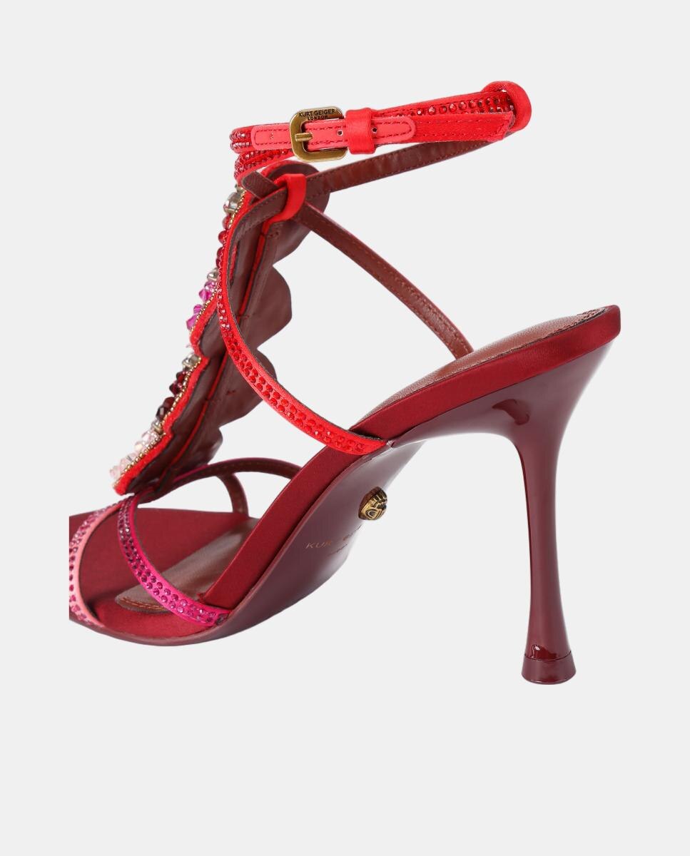 Sandálias de Salto Fino com Fivela e Pedraria Multicolor - Vermelho Vermelho-3