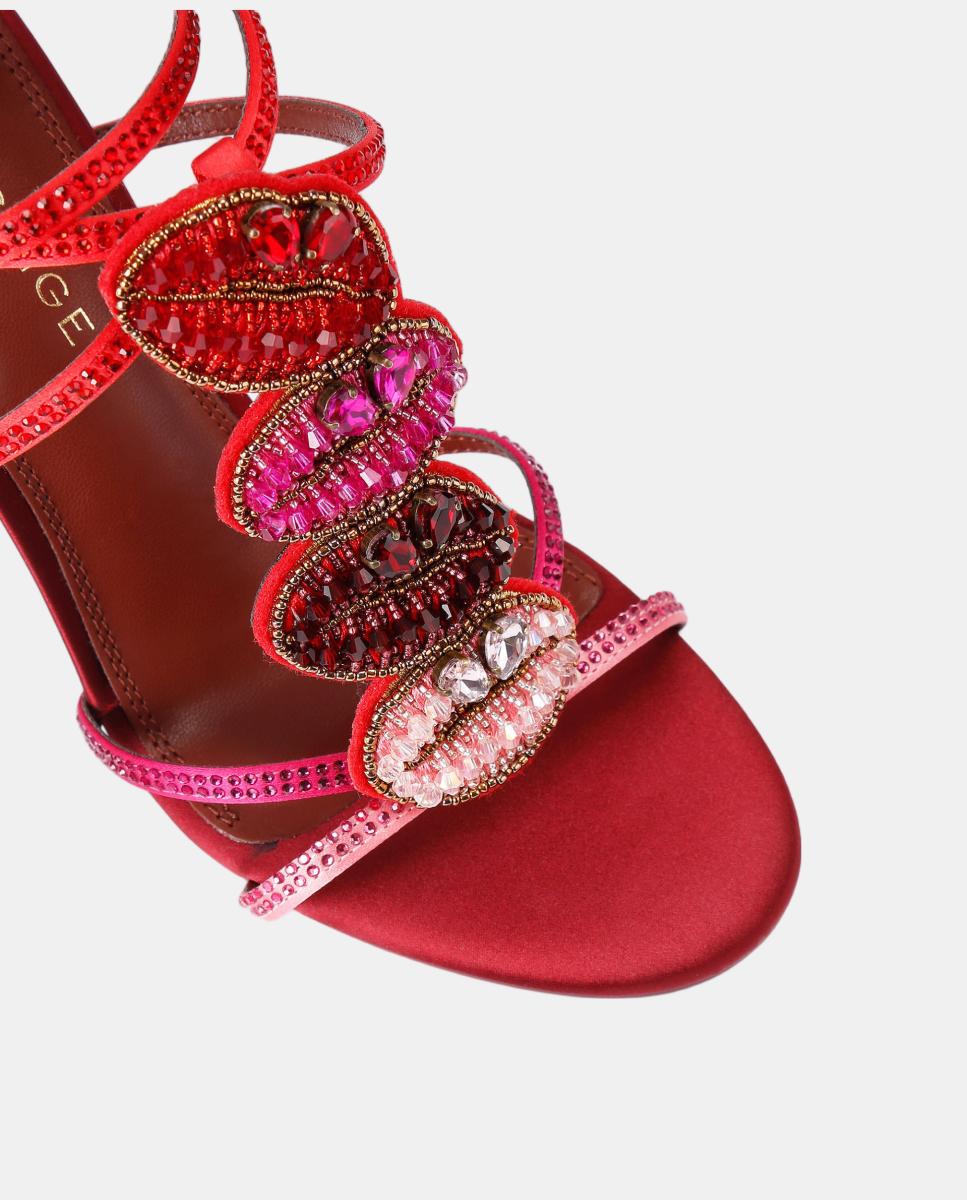 Sandálias de Salto Fino com Fivela e Pedraria Multicolor - Vermelho Vermelho-4