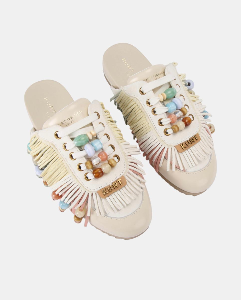 Imagen 2 de Zapatilla mule de mujer en piel con flecos y abalorios multicolor - Kurt Geiger - Blanco hielo Blanco hielo