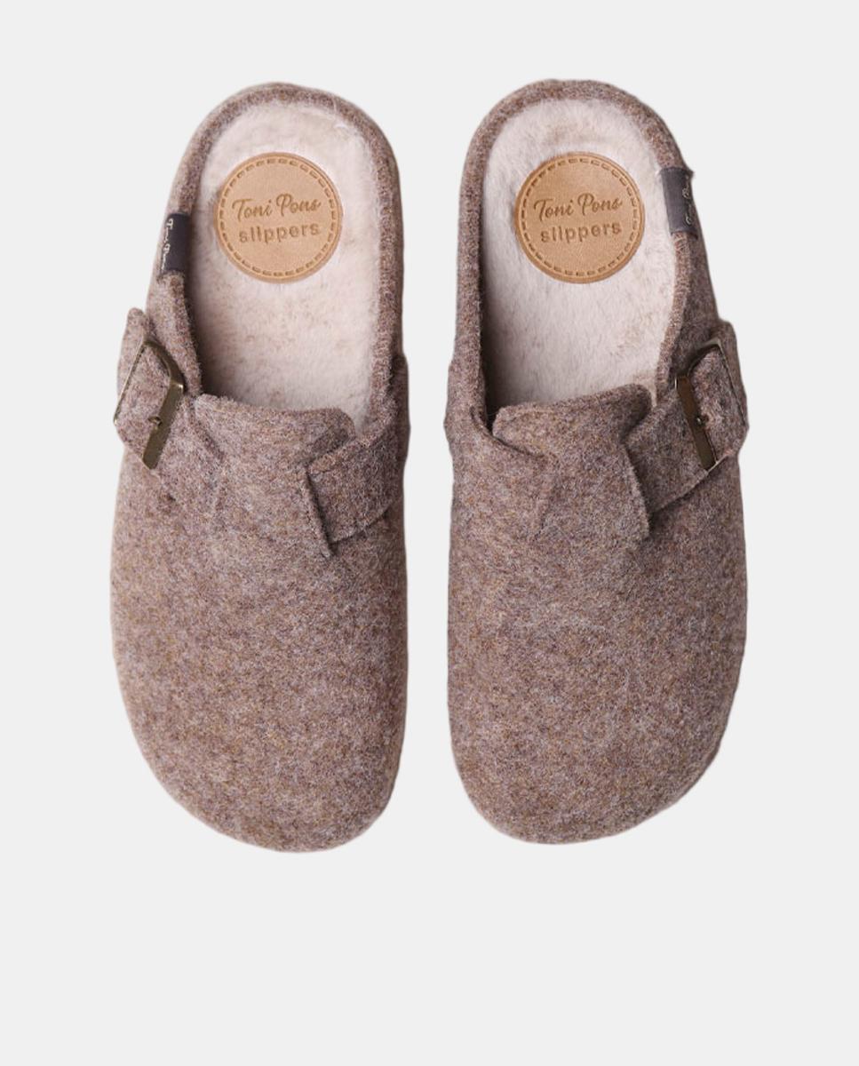 Slippers Tipo Mules com Fivela Castanho taupe-3