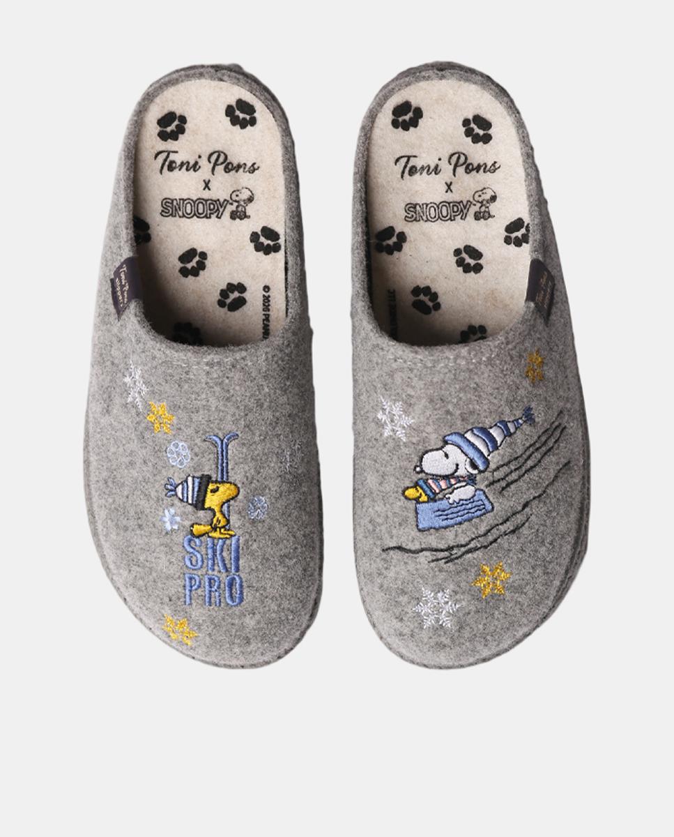 Slippers Tipo Mules Snoopy em Feltro Cinzento-claro-2