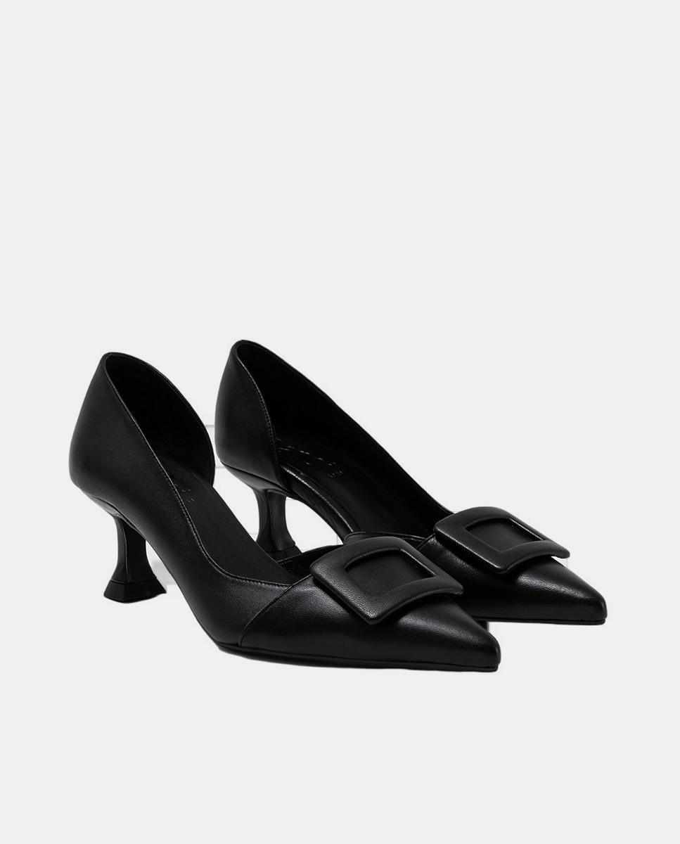 Sapatos de Salto em Napa com Adorno de Fivela Forrada Preto-2