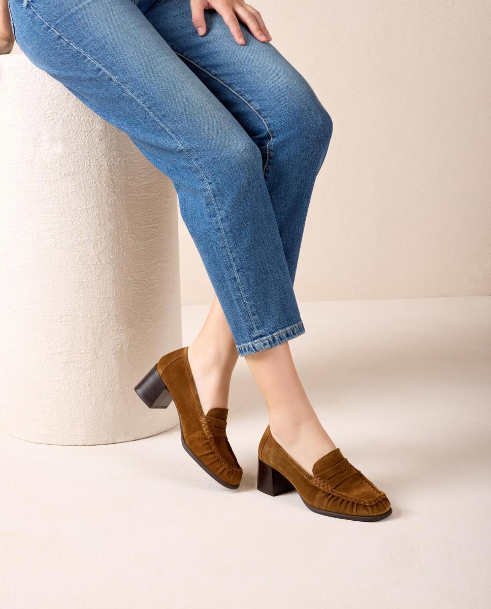 Mocasines de tacón de mujer de piel fruncido - Unisa - Marrón claro Marrón claro-5