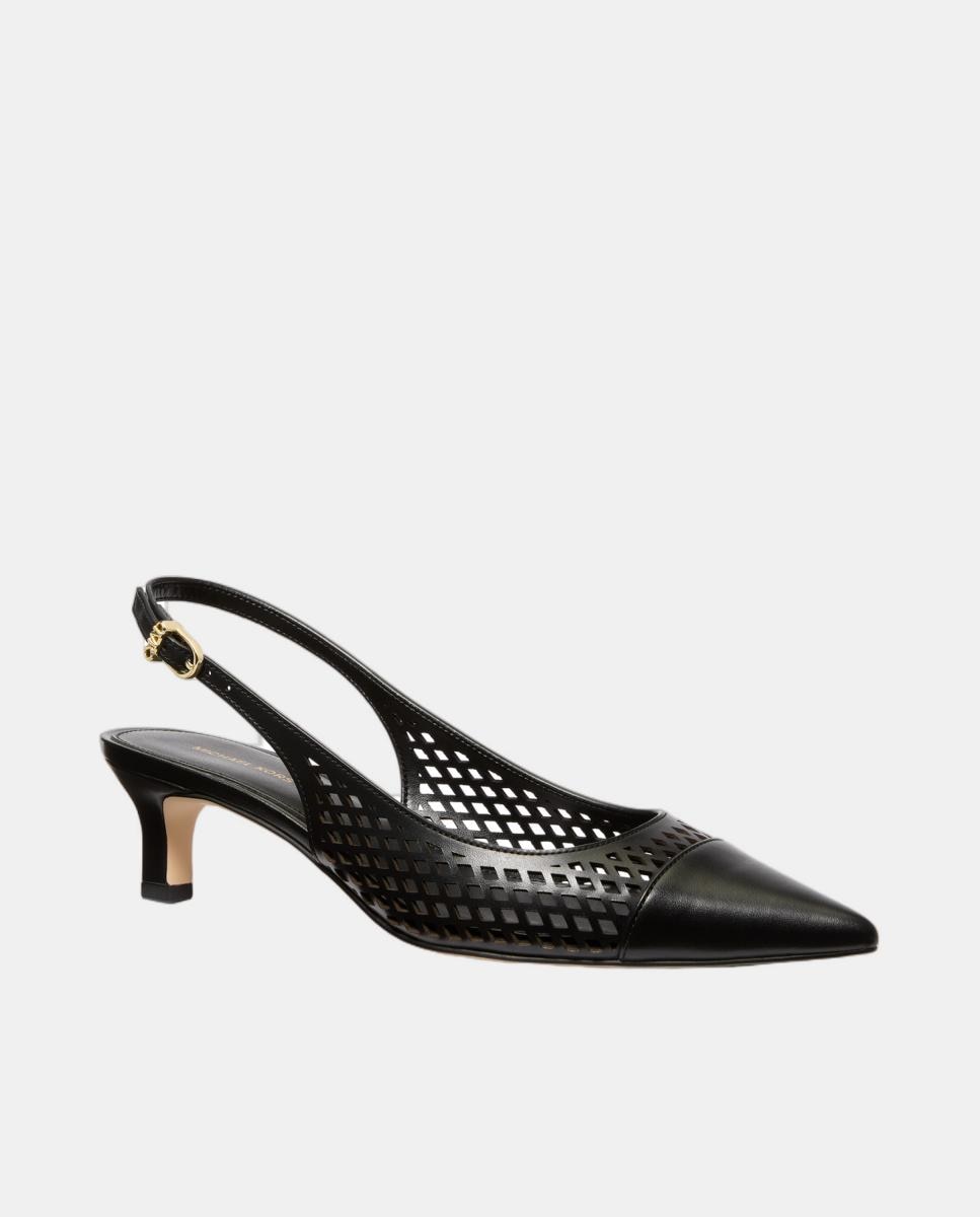 Sapatos Sling Back Amara em Pele Rendilhados Preto-2