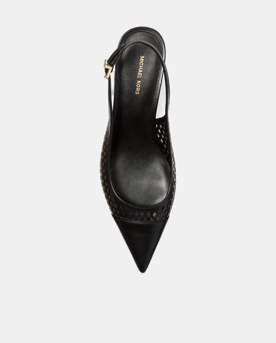 Sapatos Sling Back Amara em Pele Rendilhados Preto-3