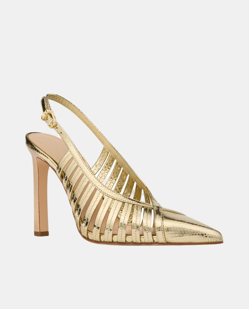 Sapatos de Salto em Pele Sling Back com Tiras Ouro-2