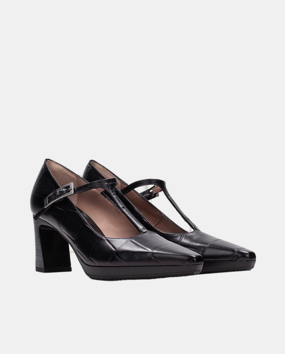 Sapatos T-bar em Pele com Efeito Big Croco Preto-2
