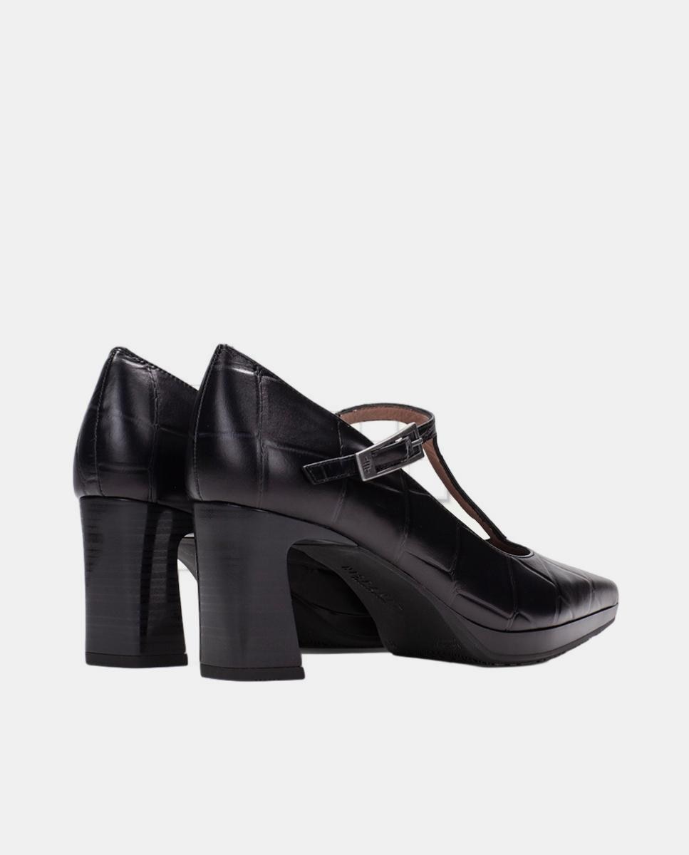 Sapatos T-bar em Pele com Efeito Big Croco Preto-3