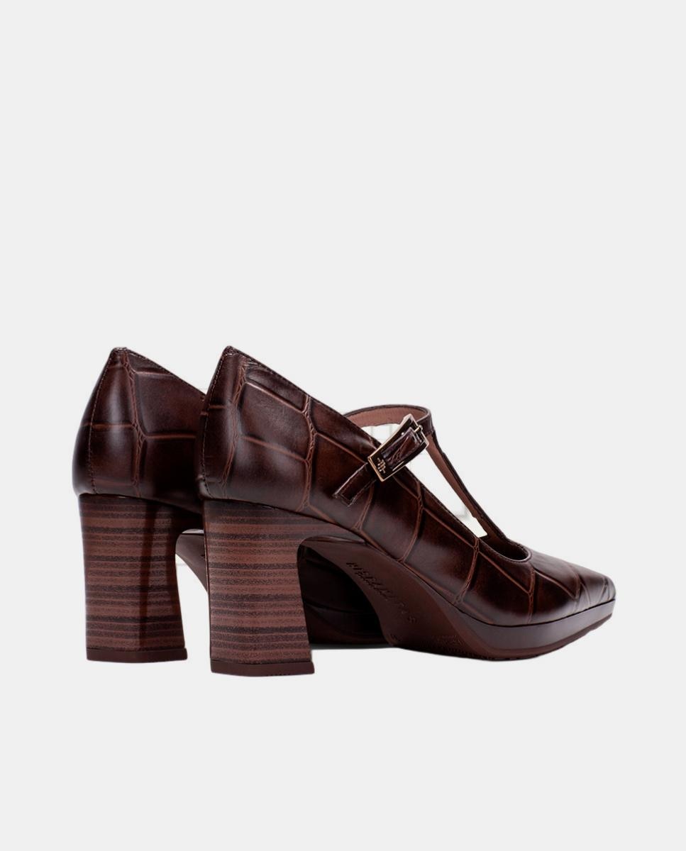 Sapatos T-bar em Pele Gravada Big Croco Castanho-escuro-3