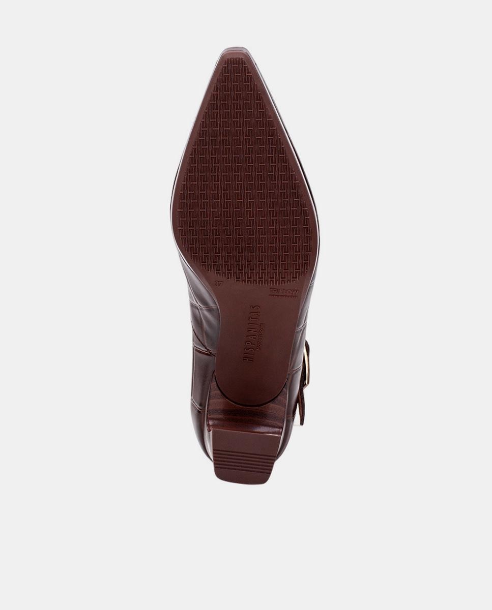 Sapatos T-bar em Pele Gravada Big Croco Castanho-escuro-5
