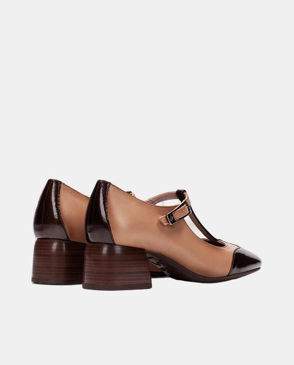 Sapatos T-bar Combinados em Verniz com Pele Castanho-escuro-3
