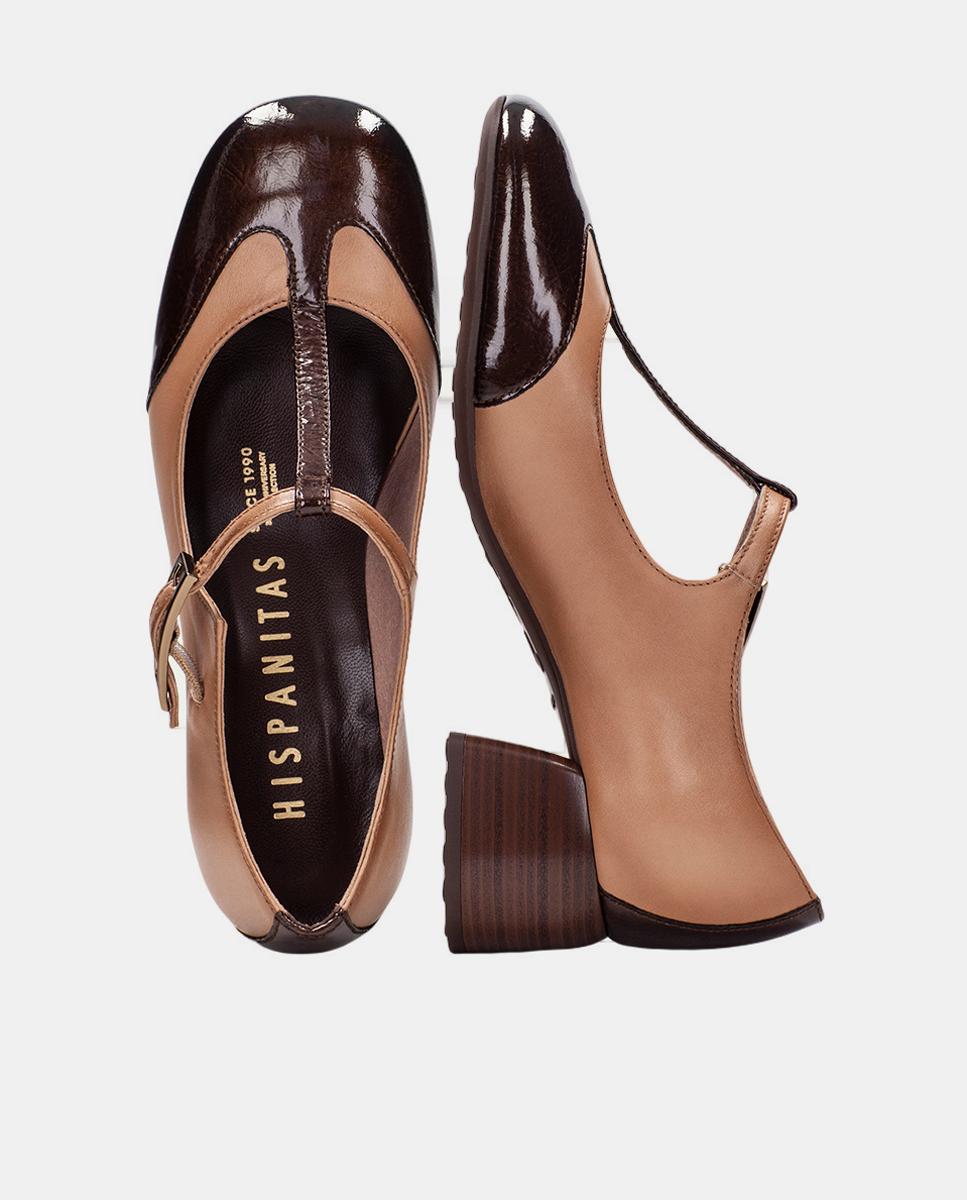 Sapatos T-bar Combinados em Verniz com Pele Castanho-escuro-4