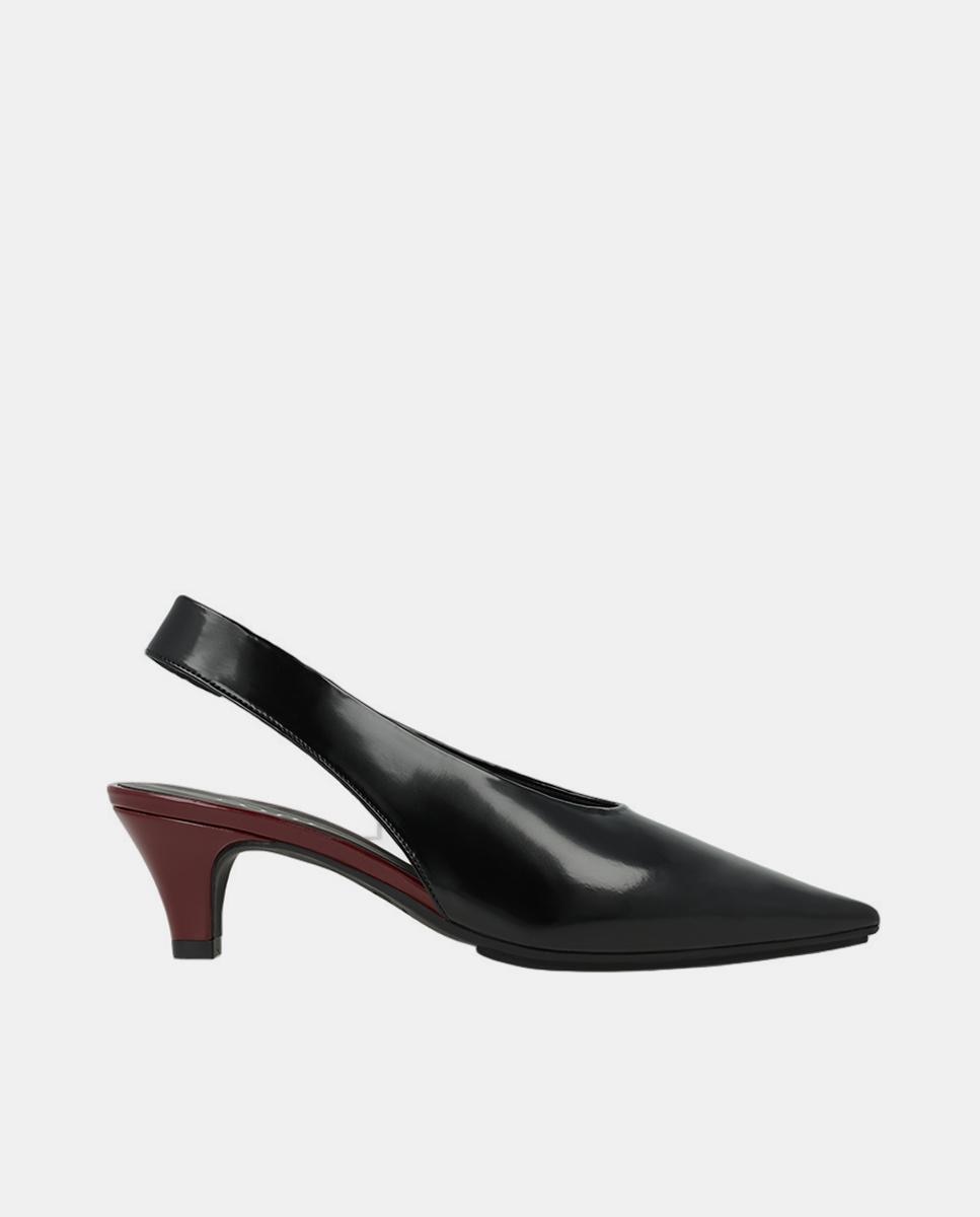 Imagem 0 de Sapatos de Salto Tipo Mules em Tecido e Pele – Preto