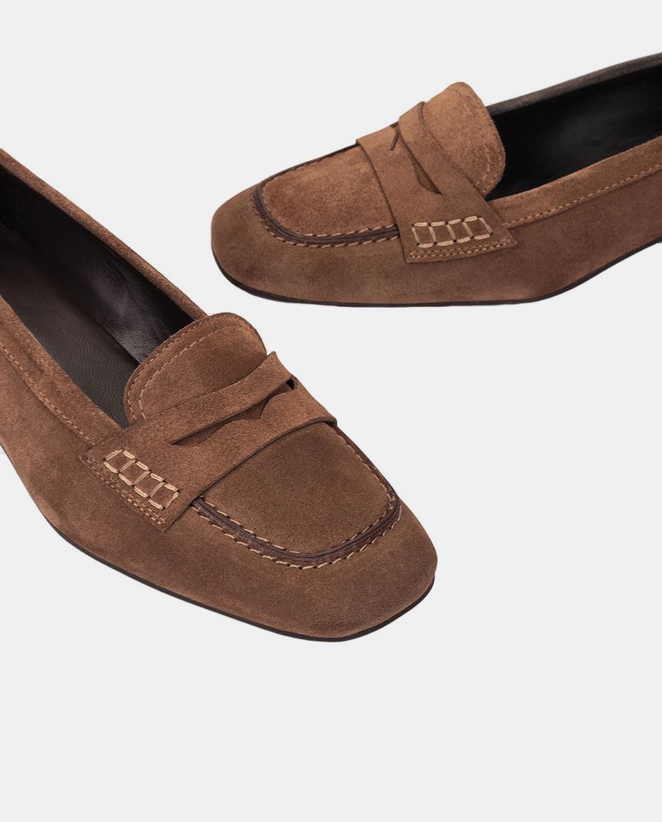 Sapatos em Pele com Salto de Bloco Castanho-claro-4