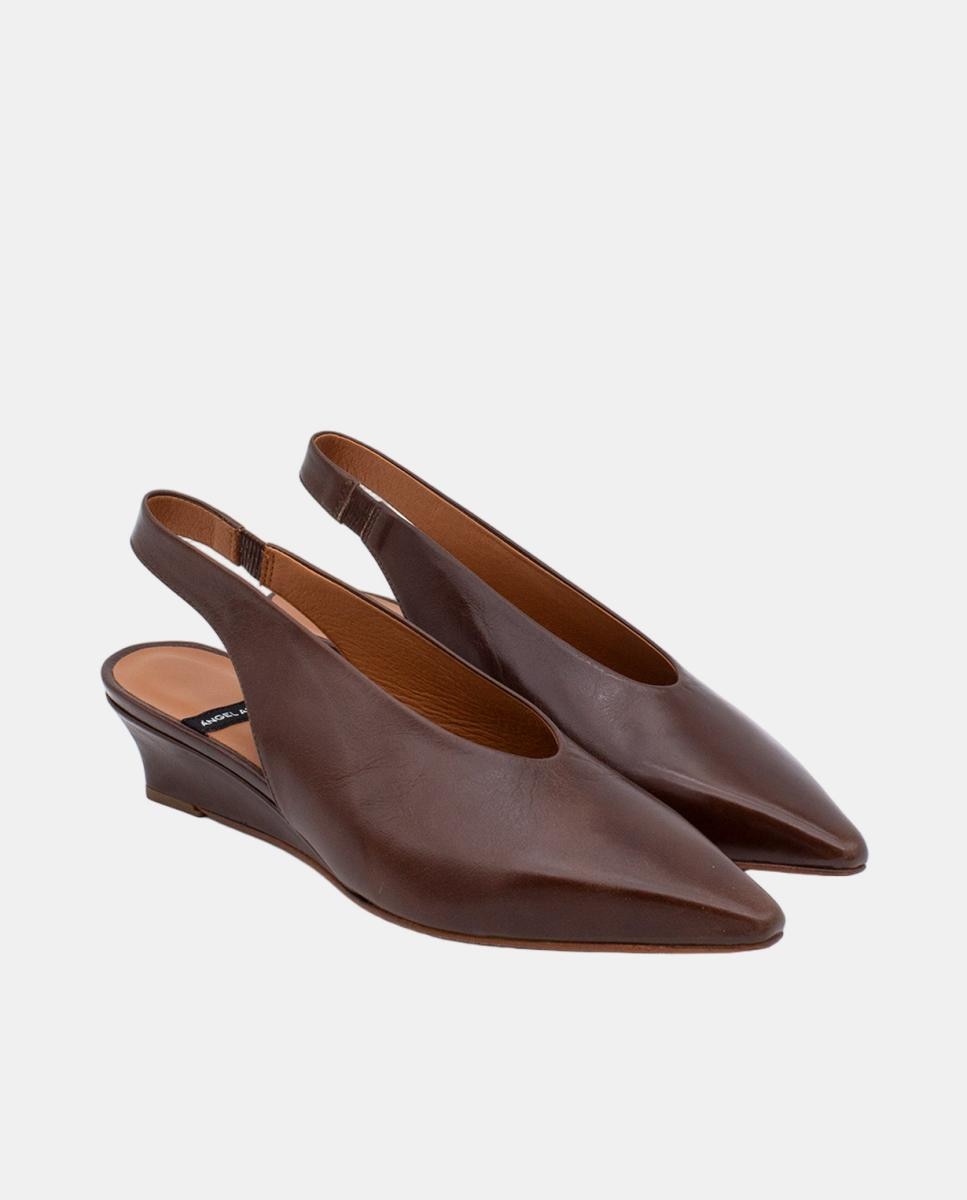Sapatos de Salto Tipo Mules com Cunha e Pele Castanho-3