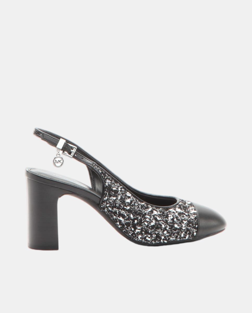 Imagem 0 de Sapatos de Salto Tipo Mules Piper de Tweed Metálico e Biqueira em Pele em Contraste