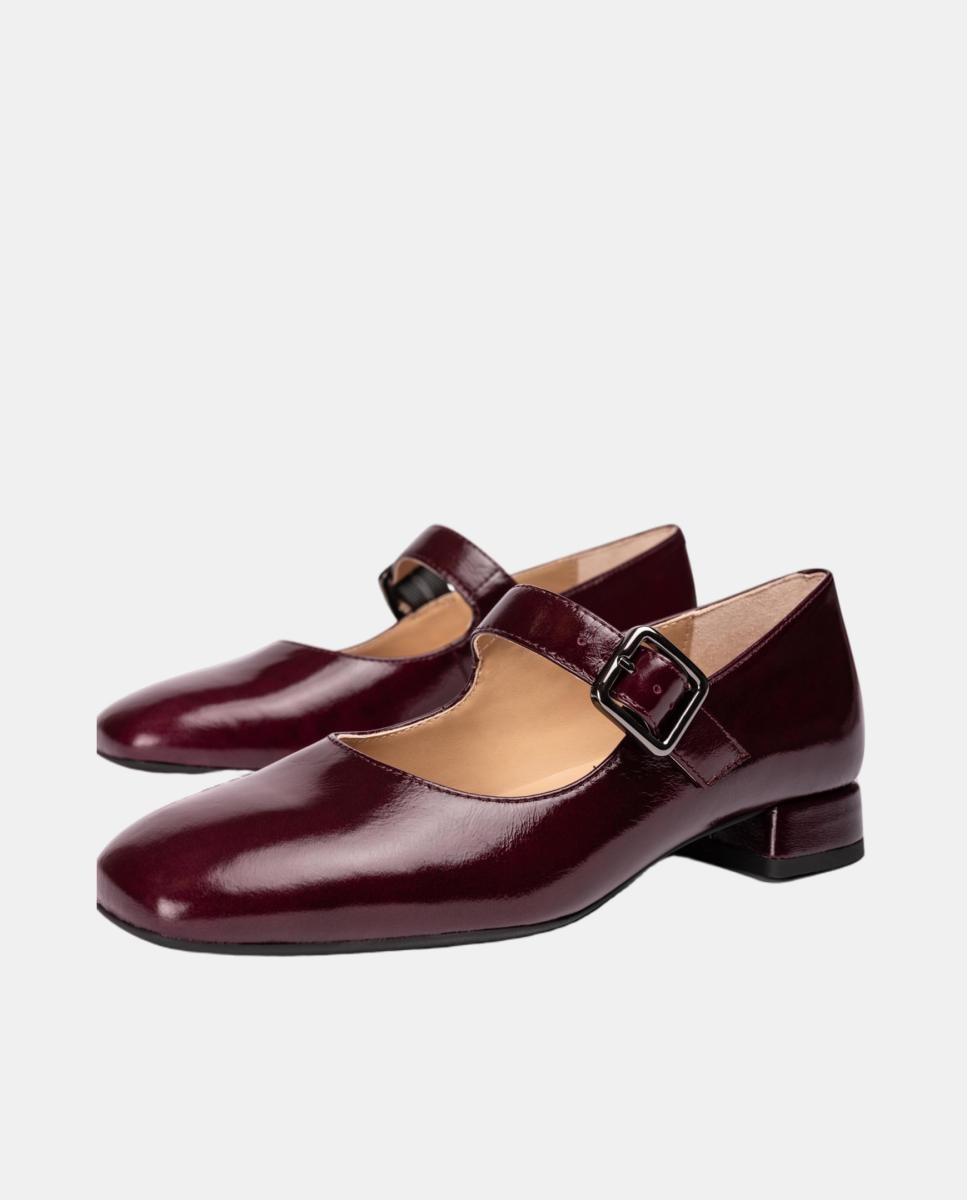 Sapatos de Presilha em Pele com Fivela Vermelho/Grená-4