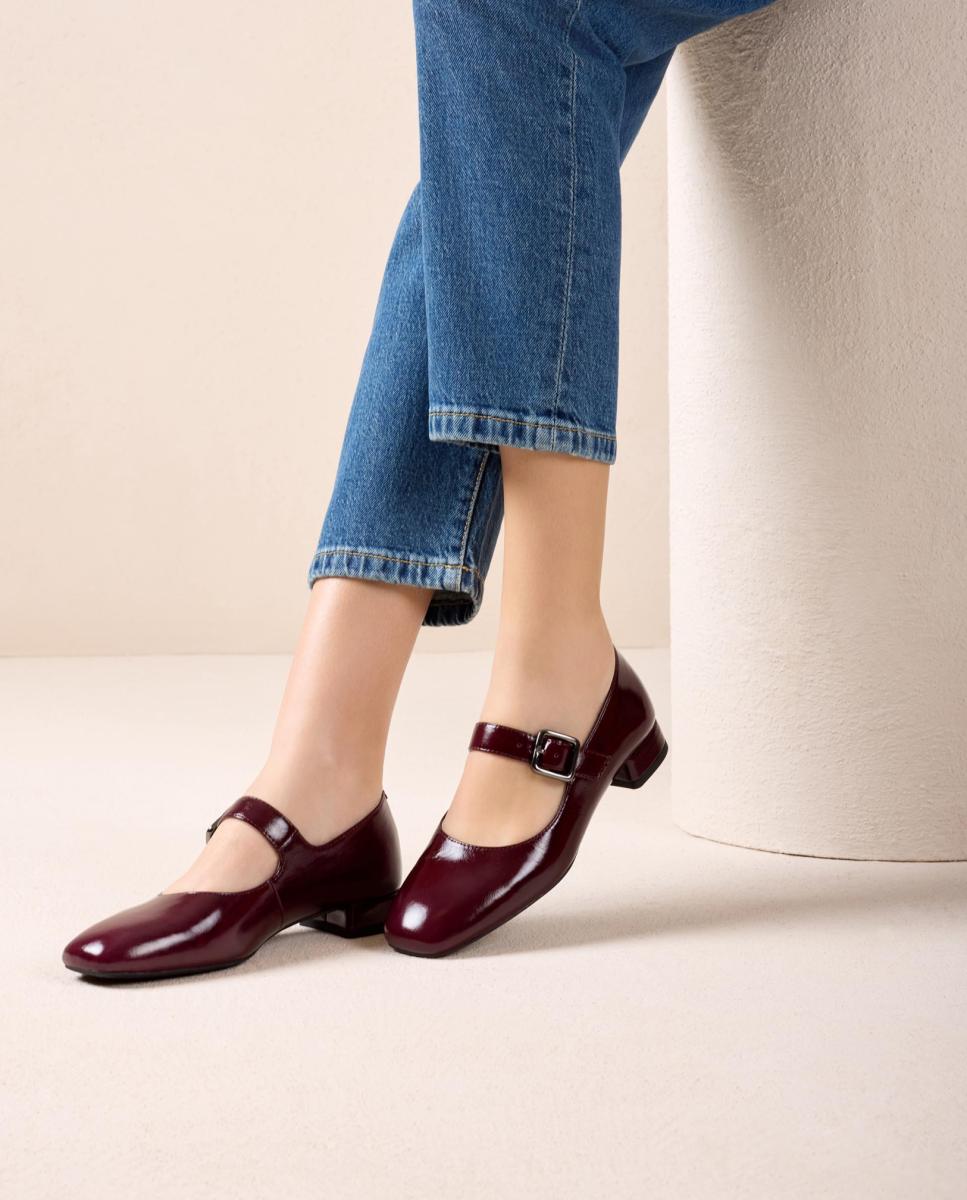 Sapatos de Presilha em Pele com Fivela Vermelho/Grená-5