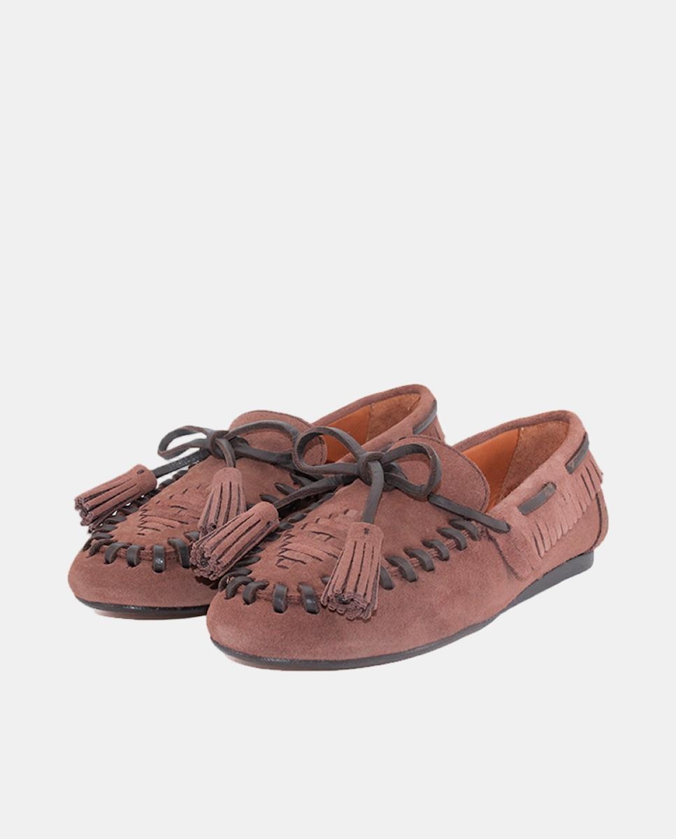 Mocassins em Croute com Franjas e Salto Raso Castanho-2