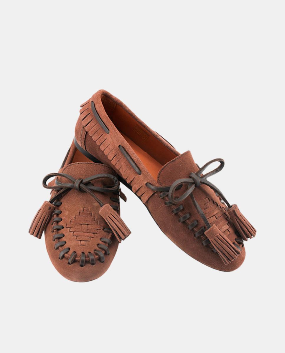 Mocassins em Croute com Franjas e Salto Raso Castanho-4