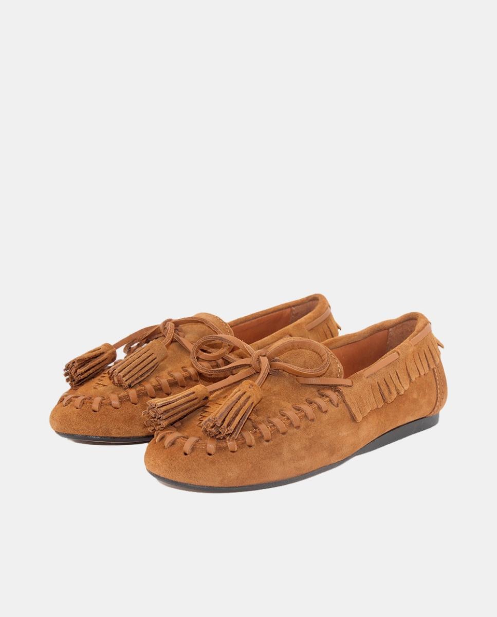 Mocassins em Croute com Franjas e Salto Raso Castanho-2