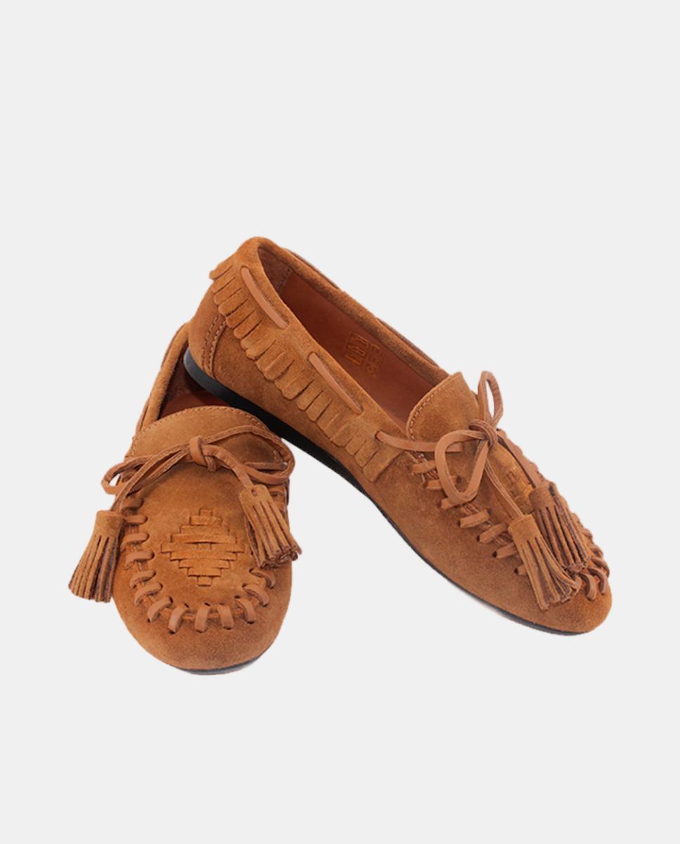 Mocassins em Croute com Franjas e Salto Raso Castanho-4