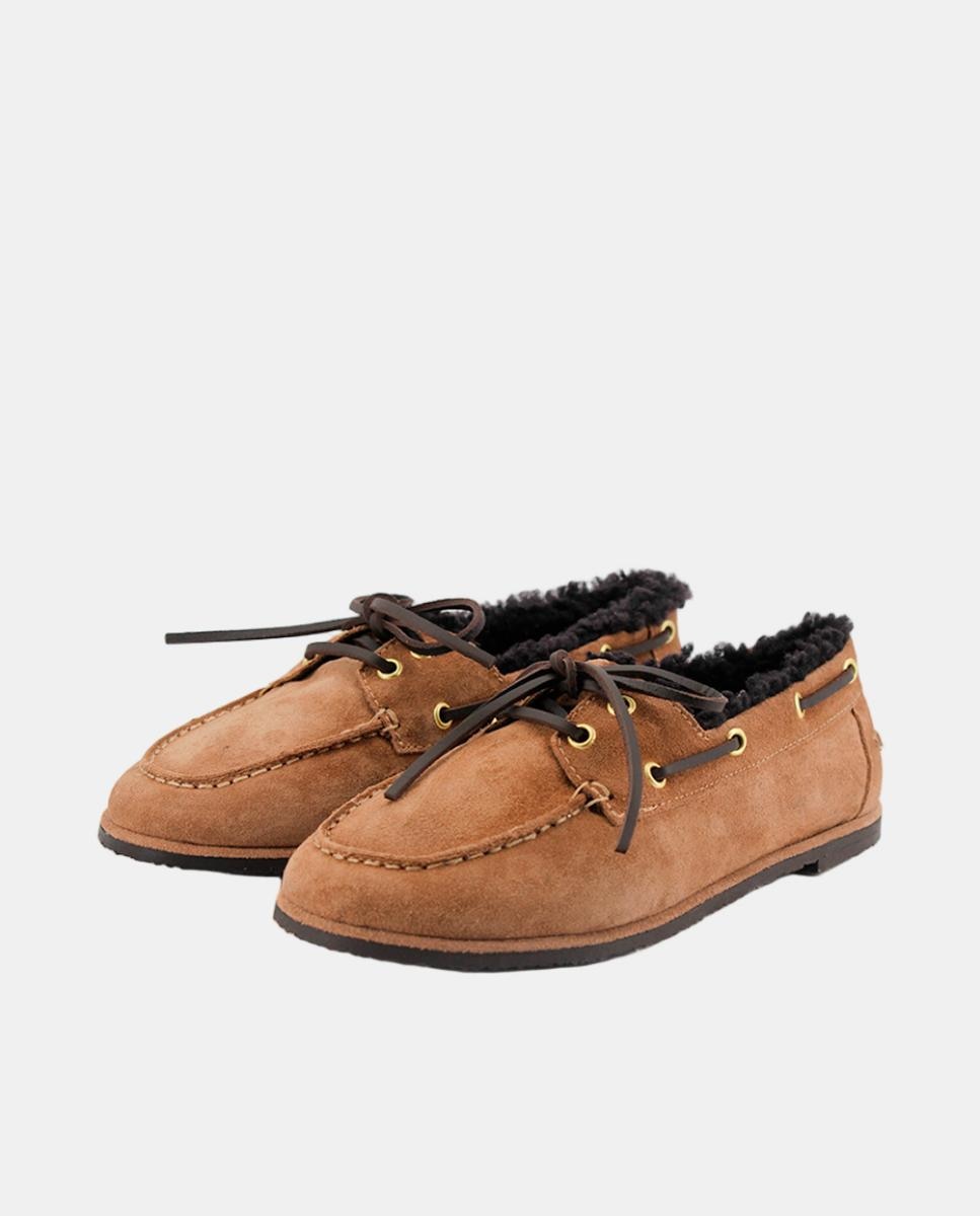 Mocassins em Croute com Forro Curly e Desenho Náutico Castanho-2