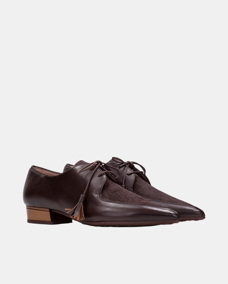 Sapatos Blucher em Pele com Pelo no Peito do Pé Castanho-escuro-2