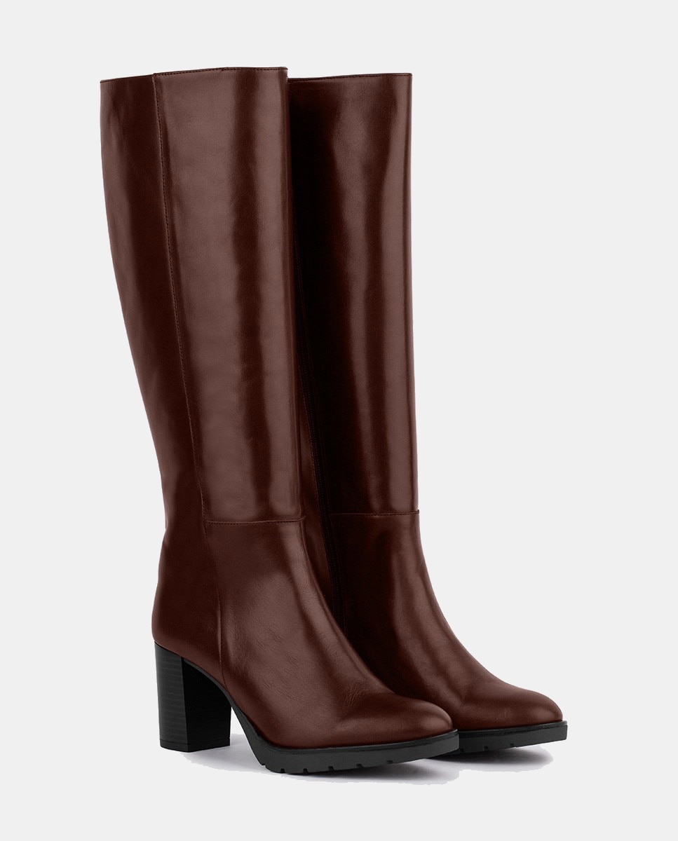 Botas em Pele com Salto de Bloco Castanho-chocolate-2