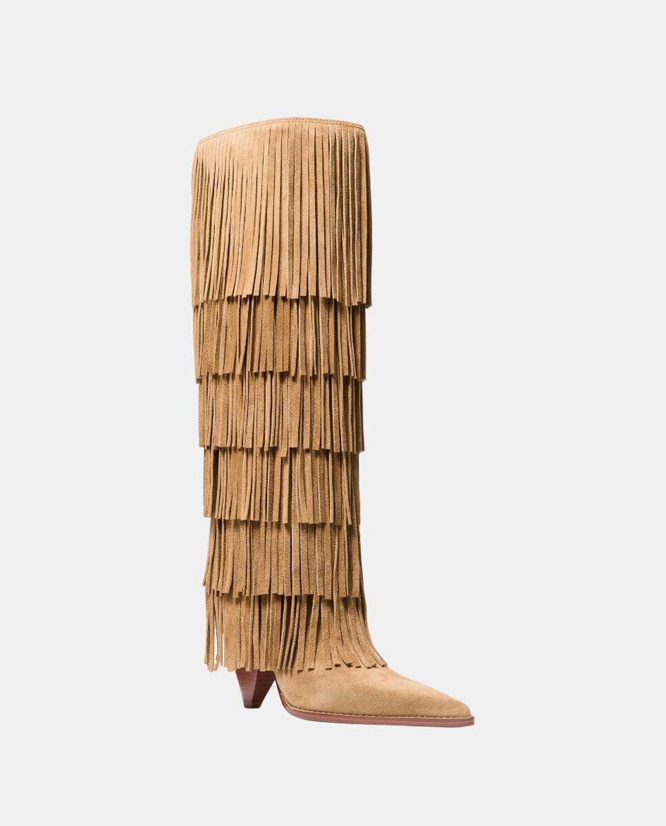 Botas Altas Jayla de Camurça com Franjas Castanho-claro-2